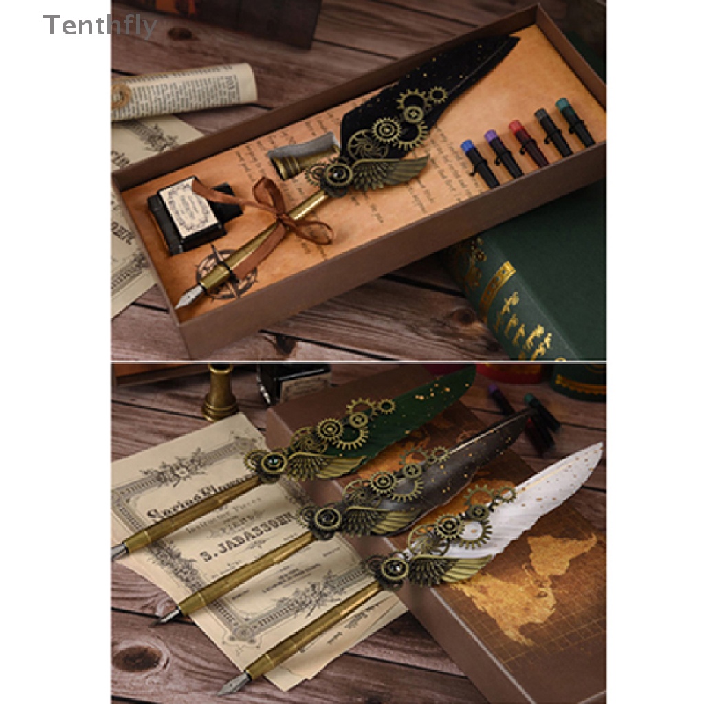 1 Bộ Bút Mực Viết Thư Pháp Hình Lông Vũ Phong Cách Punk Cổ Điển Sáng Tạo Mới