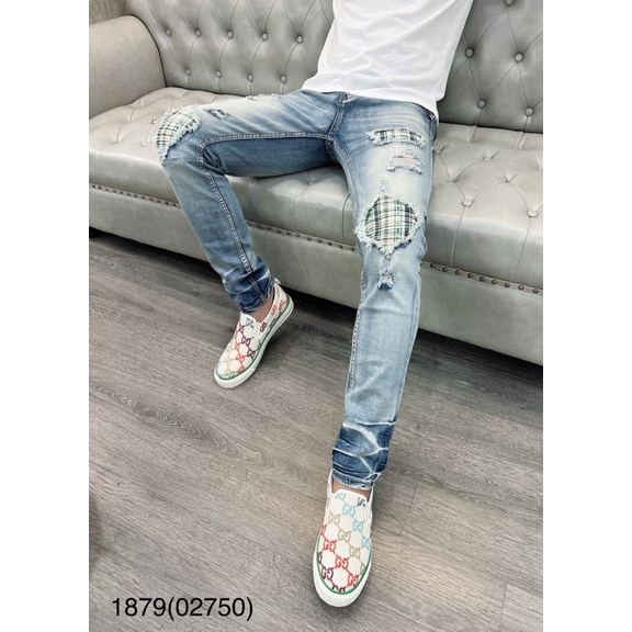 Quần JEAN Amiri Nam Wash Xanh Khói Rách Xù Viền Vá Vải Nhăn Xanh Quần Bò Nam 4 Cúc Xanh Khói Gối Vá Họa Tiết Hot | BigBuy360 - bigbuy360.vn