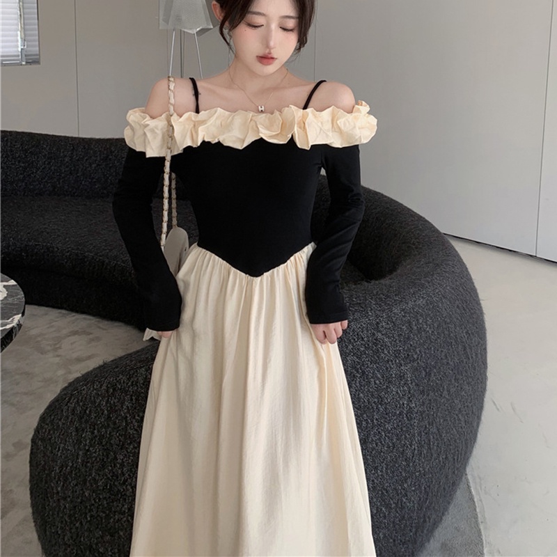 IELGY  Đầm Tay Dài Một Mảnh Kiểu Pháp Thiết Kế Thanh Lịch Cho Nữ