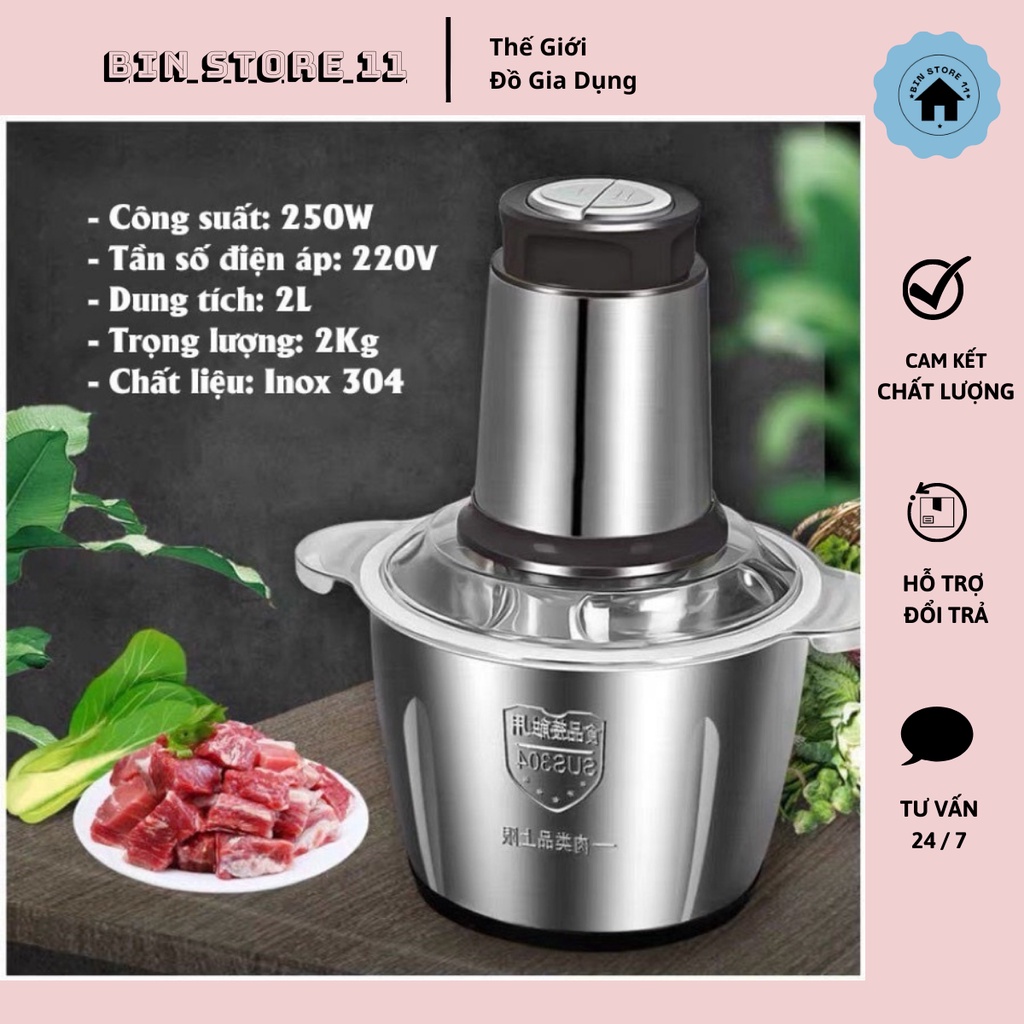 Máy xay thịt 2L cối inox tiện dụng, Máy xay đa năng 4 lưỡi sắc bén - Bin Store