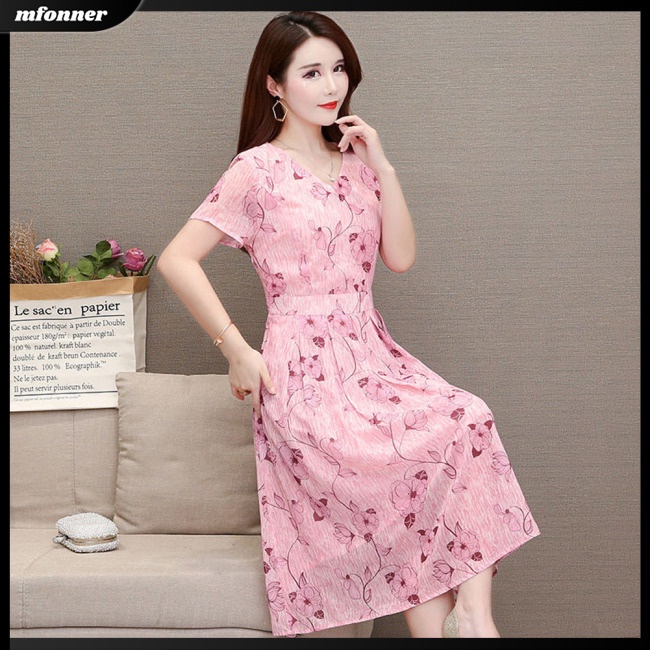 Đầm Dài Tay Ngắn Cổ Chữ V Họa Tiết Hoa Thanh Lịch Cho Nữ