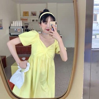 Váy cổ V tay bồng nhún ngực ullzang / Đầm babydoll - Có ảnh thật