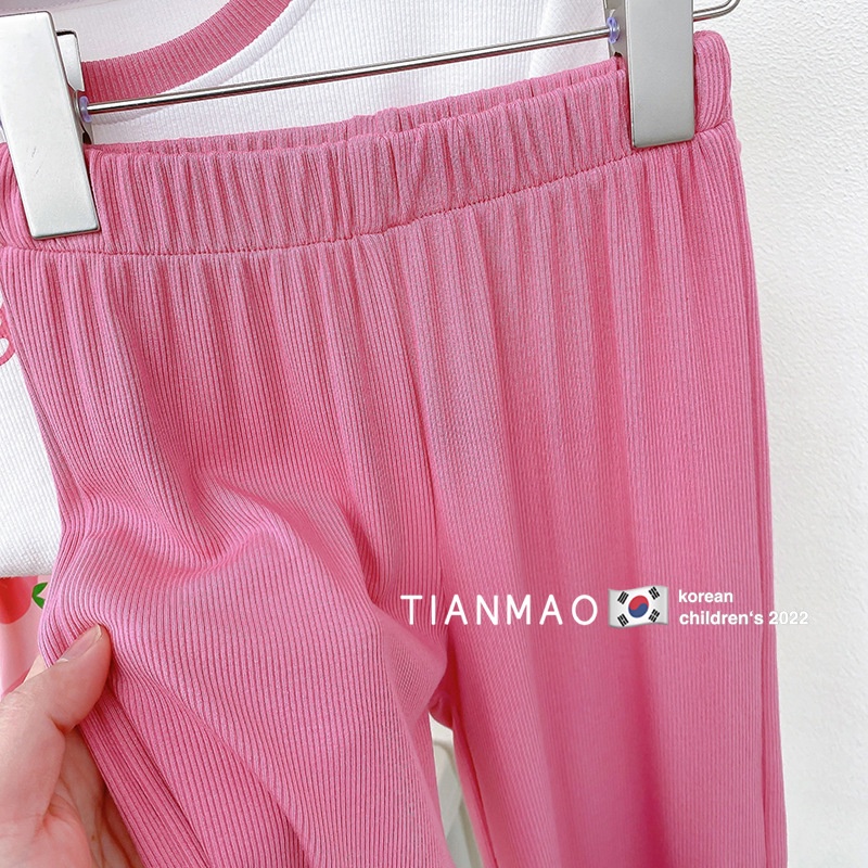 Set Áo Thun Tay Ngắn &amp; Quần Lụa Lạnh Ống Rộng Màu Hồng Thời Trang Mùa Hè Cho Bé Gái 2-7 Tuổi