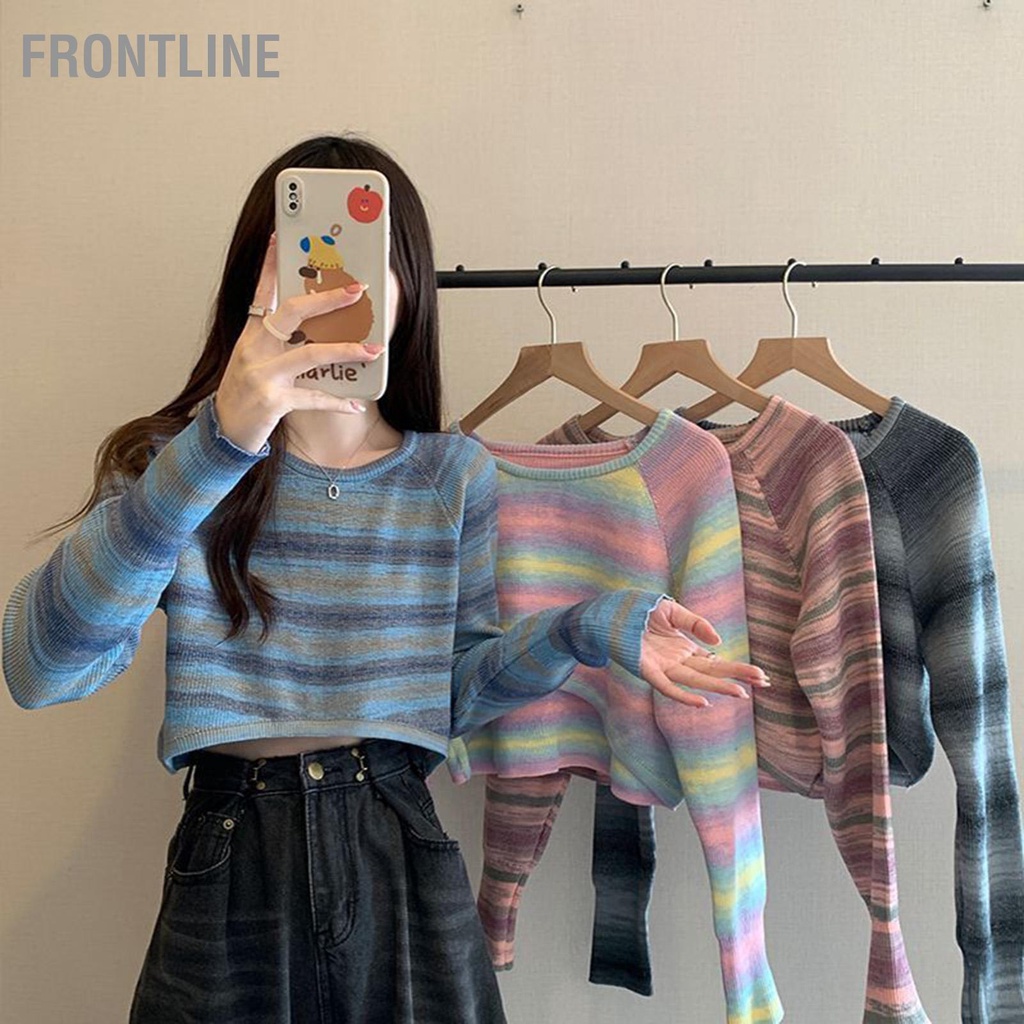 Frontline Áo Chui Đầu Dễ Thương Dài Tay Cổ Tròn Sọc Màu Retro Ngọt Ngào Len Ngắn