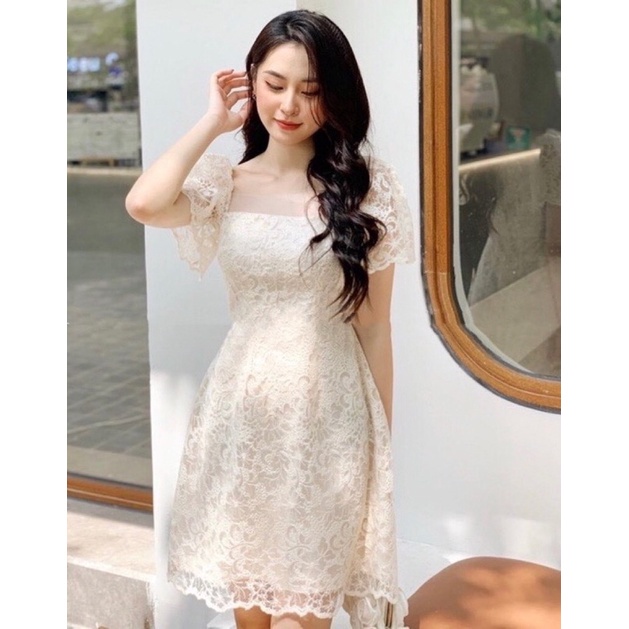 [HND Fashion] - Váy Đầm dự tiệc basic chất ren hoa cổ vuông Author