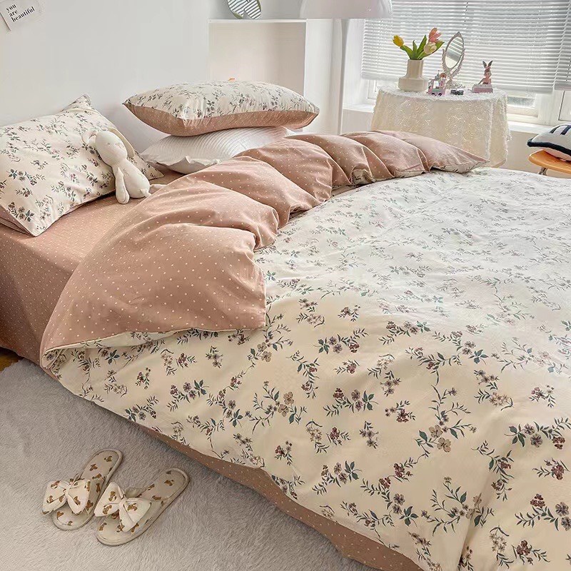 Chăn Ga Gối Cotton Living " Hồng Kẻ Đen " - Bộ Chăn Ga Gối Cotton 100% Nhập Khẩu 4 món