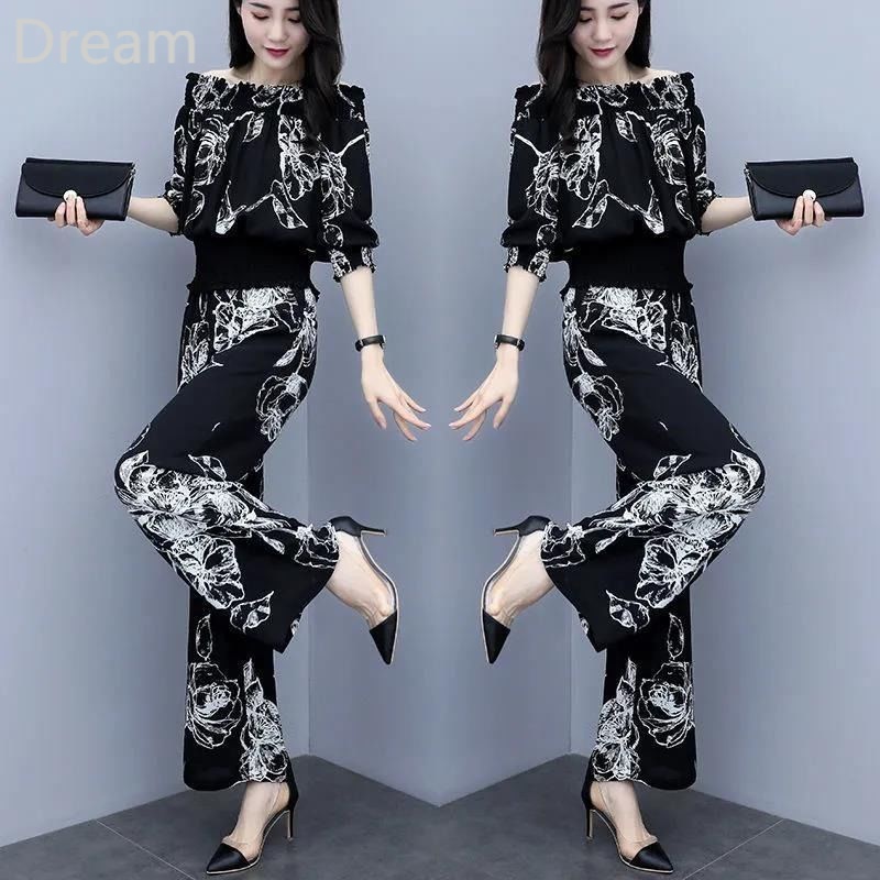 Shoulder Top wide-leg pants fashionable slimming two-piece suit