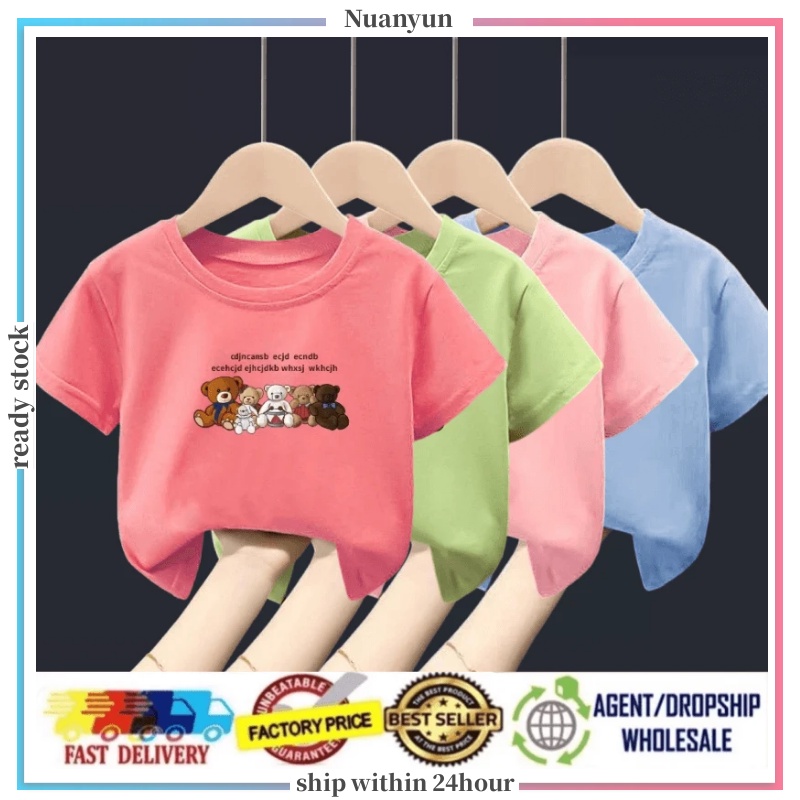 Áo thun mềm tay ngắn cổ tròn in hình hoạt hình đơn giản thường ngày phong cách Hàn Quốc cho bé 3-12 tuổi