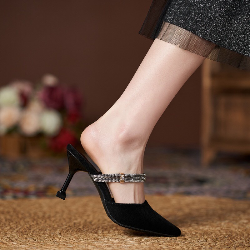 Giày cao gót nhọn 7p bít mũi nhung phối xoàn 2 kiểu mang - BM26