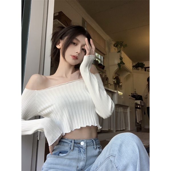 Áo Thun Dệt Kim Tay Dài Trễ Vai Thời Trang Mùa Xuân Dành Cho Nữ