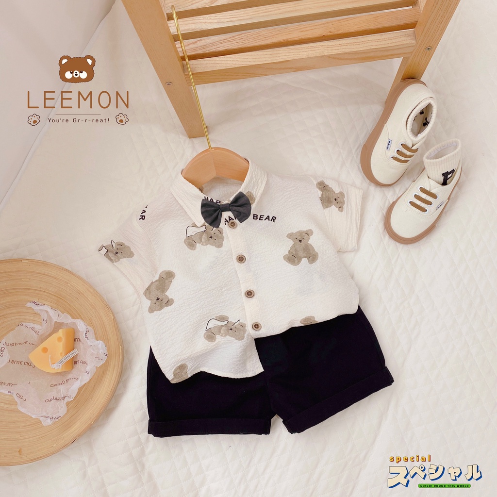 Sét sơ mi linen in gấu quần kaki đẹp kèm nơ cho bé trai từ 9-23kg, hàng chính hãng