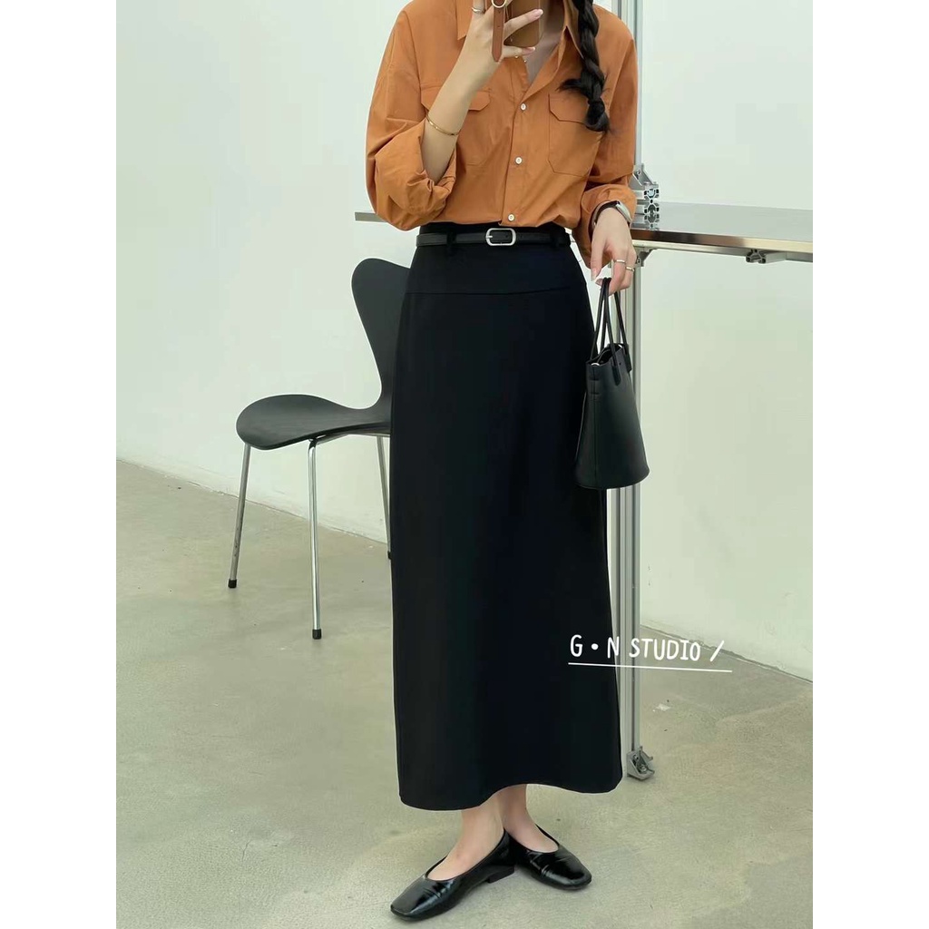 Chân váy vải gn dáng a dài basic kèm đai da