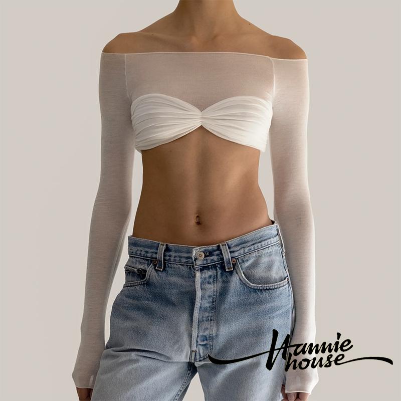 Áo Thun Tay Dài Trễ Vai Xếp Li Thời Trang Dành Cho Nữ