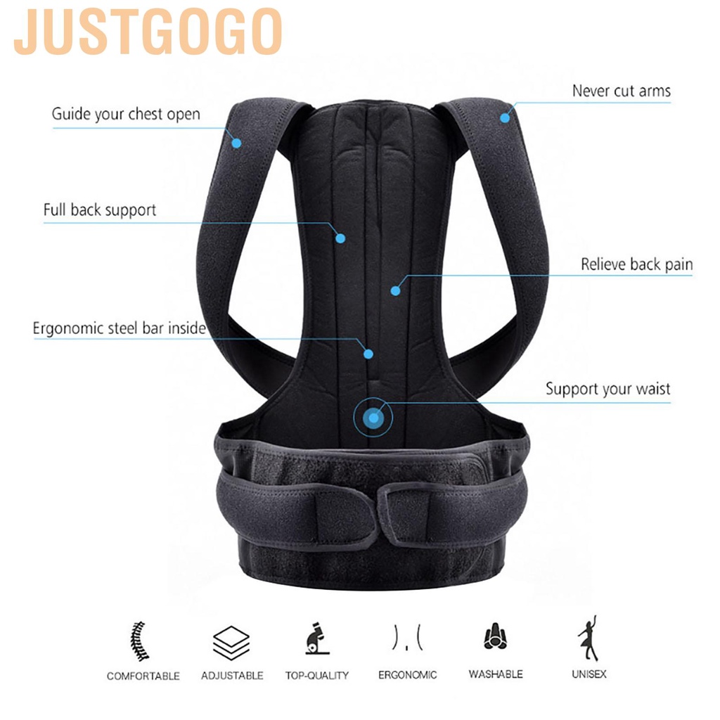 Justgogo Black Adjustable Humpback Correction Belt Posture Corrector Back Pain Relief