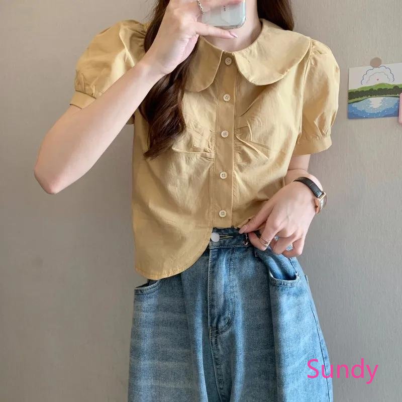 Plus Áo Sơ Mi Ngắn Tay Cổ Búp Bê Phong Cách Pháp Ngọt Ngào Thời Trang Xuân Hè Cho Nữ