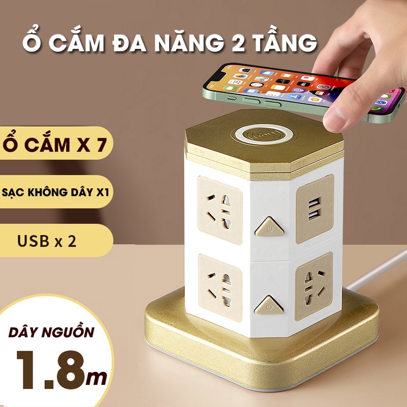 Ổ cắm điện đa năng có sạc không dây 10w Chịu Tải 2500W, 2 cổng sạc USB 2a , Chống Giật, An Toàn Trẻ Nhỏ