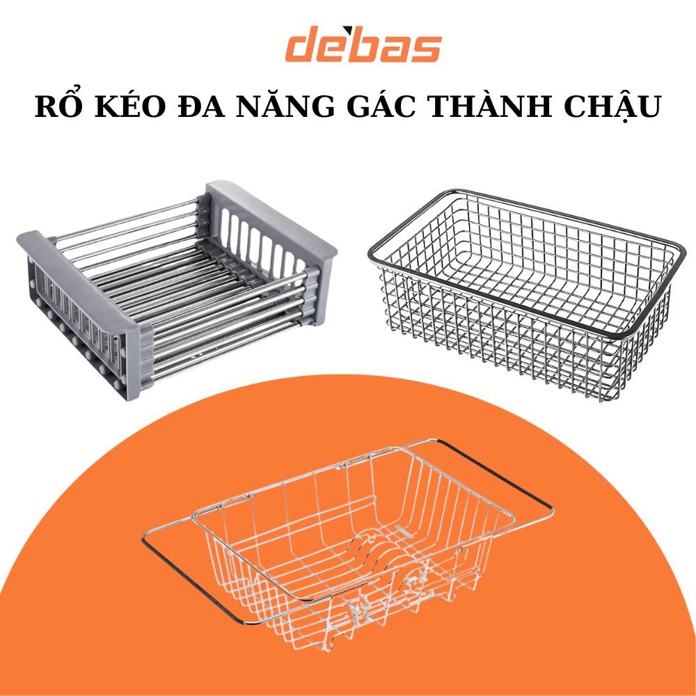 Rổ gác bồn inox 304 rửa chén bát khay đa năng để chậu rửa rổ kệ inox đa năng co dãn chính hãng Debas