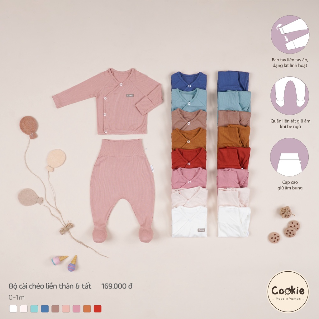 Bộ newborn dài tay cài chéo liền thân & tất COOKIE size 0-1m