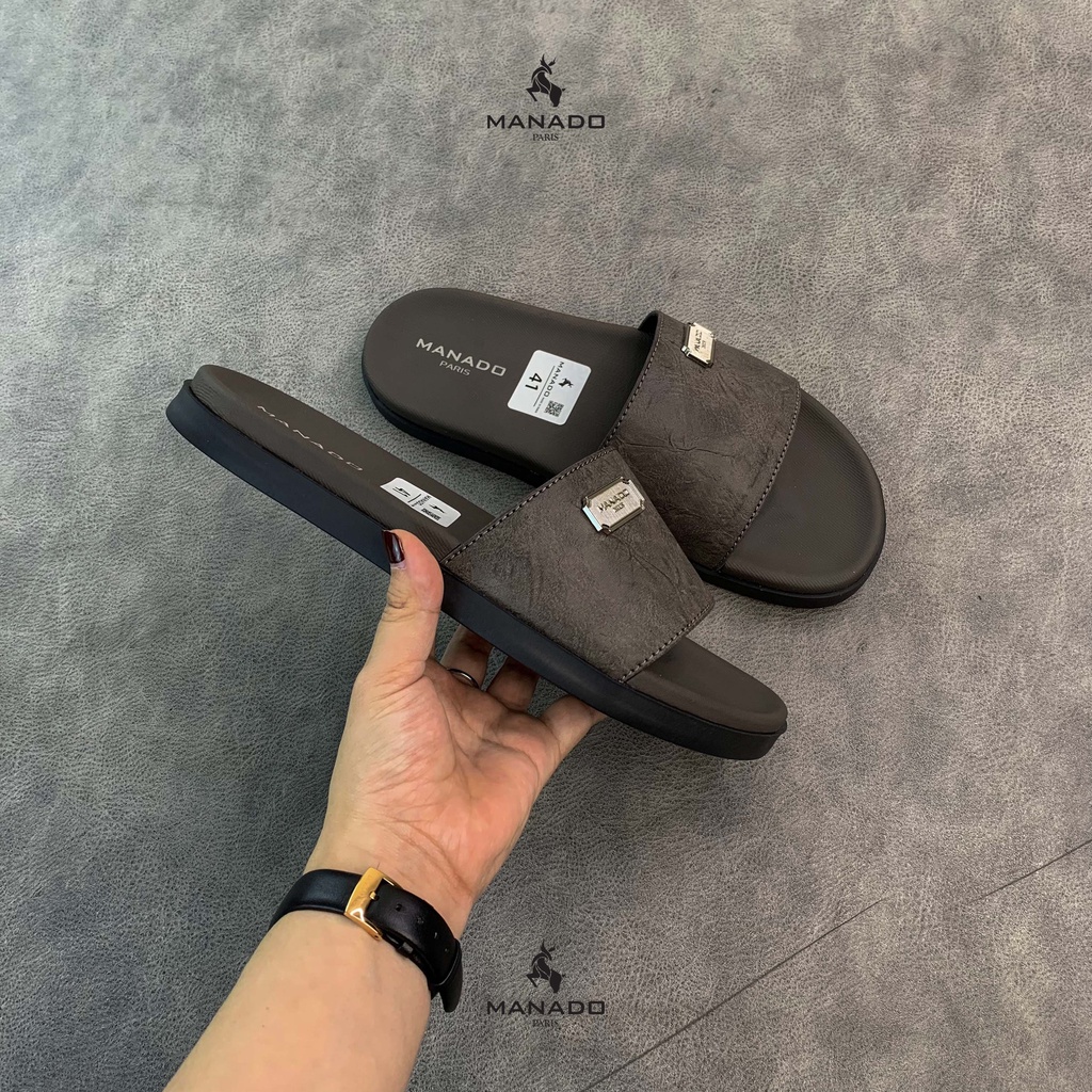 Dép da nam quai ngang cao cấp Manado Mã MND12 màu xám fullbox, quai da mềm mại, đế cao su thiết kế chắc chắn