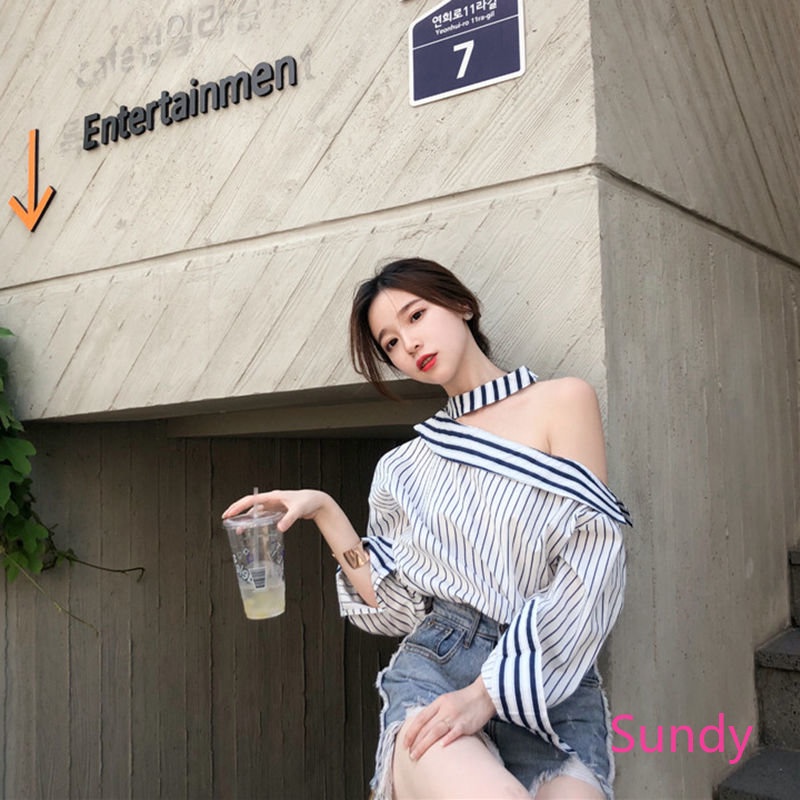 Áo Sơ Mi Tay Dài Trễ Vai Phong Cách Hàn Quốc Thời Trang Xuân Thu Quyến Rũ Cho Nữ