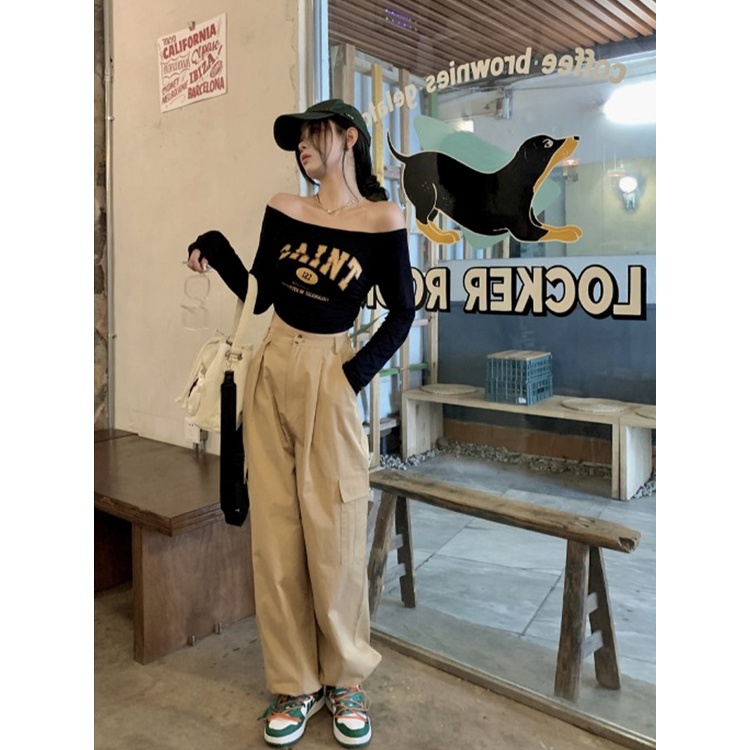 Nevaeh Áo Thun Mỏng Tay Dài Hở Vai Màu Xám Phong Cách retro Mỹ Dễ Phối Đồ Dành Cho Nữ áo croptop