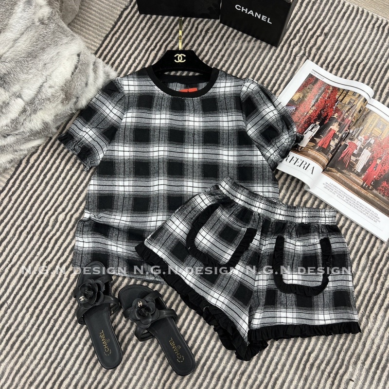 Sét kẻ caro đen trắng viền bèo