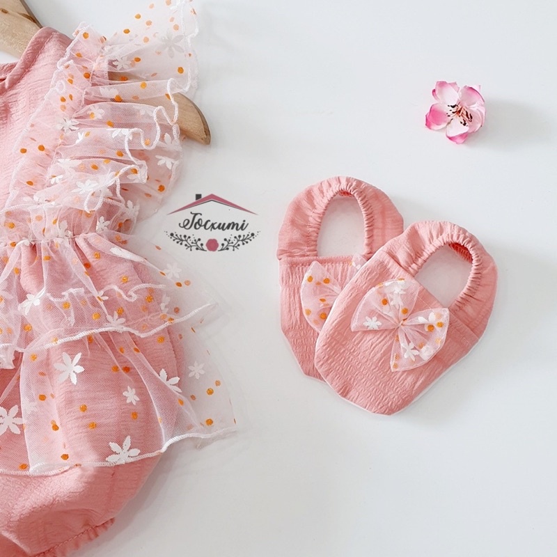 Bộ liền thân hồng cam cánh tiên phối lưới hoa bi siêu cưng - Tocxumi