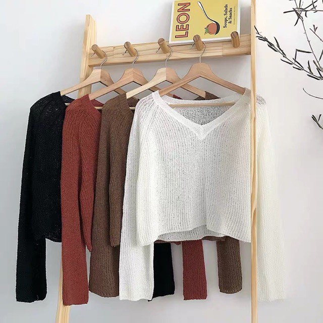 [ ORDER ] Áo len mỏng tay dài nhiều màu ulzzang _ Áo thun len croptop cổ V QC