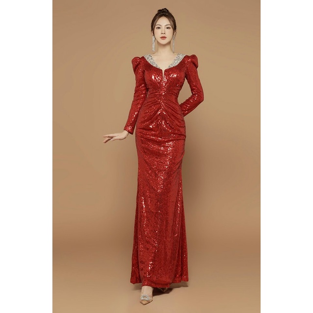 HÀNG TK - ĐẦM DẠ HỘI CAO CẤP ÔM BODY KIM SA TAY DÀI NHÚN NHÚN EO SANG TRỌNG - TGS02