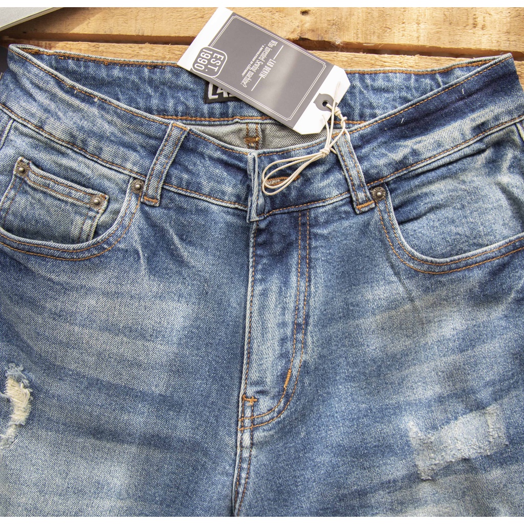 Quần short jean nam LAB+ COTTONLAB quần ngố nam xanh đậm rách cao cấp mã - 2253