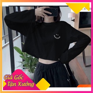 Áo thun tay dài thu đông croptop in hình mặt cười Ulzzang form rộng dáng rộng chất liệu 100% cotton