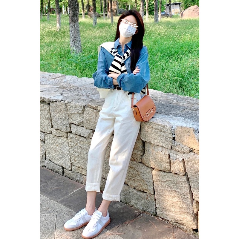 Bộ Áo Sơ Mi Dáng Rộng + Quần Jean Lưng Cao Thời Trang Mùa Thu 2023 Cho Nữ