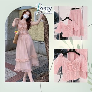 Set áo nhún chỉ hồng baby kèm chân váy midi Rossy Fashion - SR200