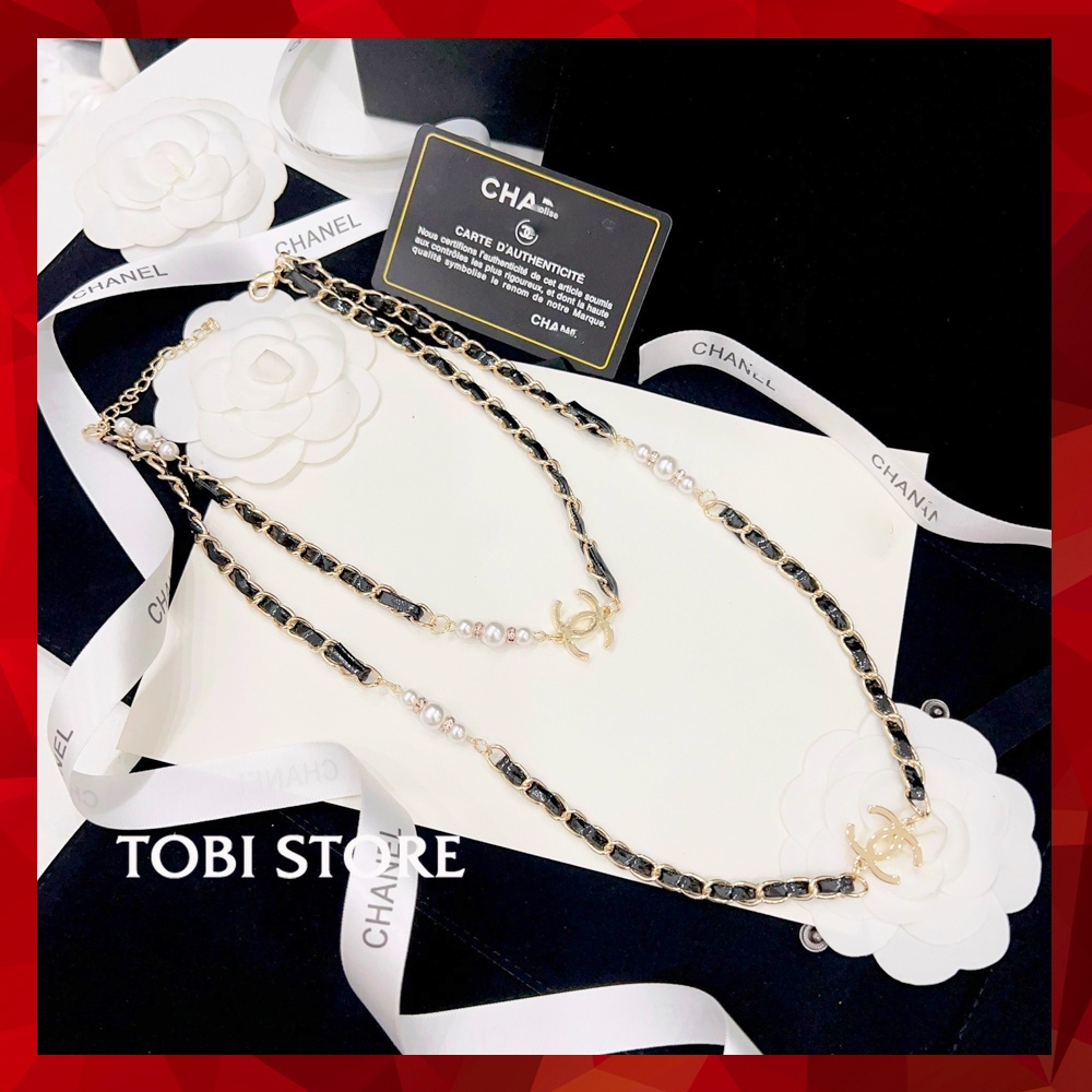 Vòng cổ thương hiệu CC 02 lớp bện da đen mix ngọc VCH75