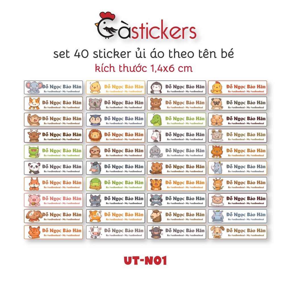 Sticker ủi áo in tên trẻ em GaStickers UT-N01- bộ 40 miếng kích thước 1,4 x 6 cm