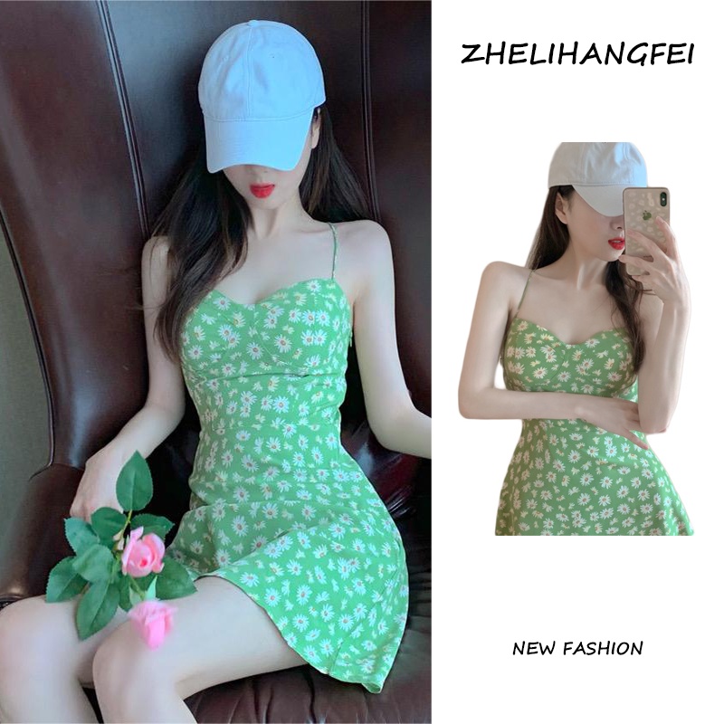 ZHELIHANGFEI Váy Ngắn Hai Dây Họa Tiết Hoa Xinh Xắn Thời Trang Cho Nữ