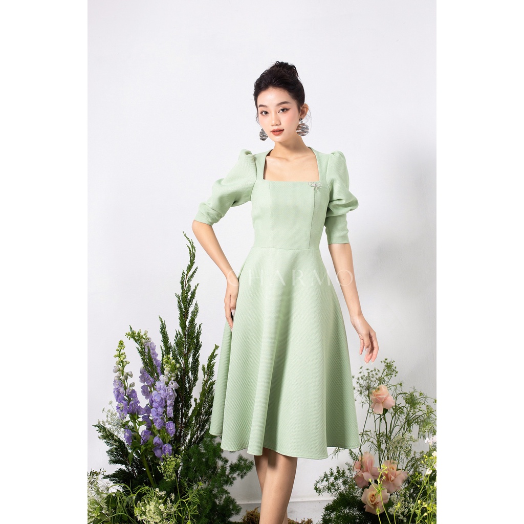 Đầm thiết kế CHARMO cổ vuông tay phồng dài form dáng xòe vải cotton bố Ruffle Lily Dress