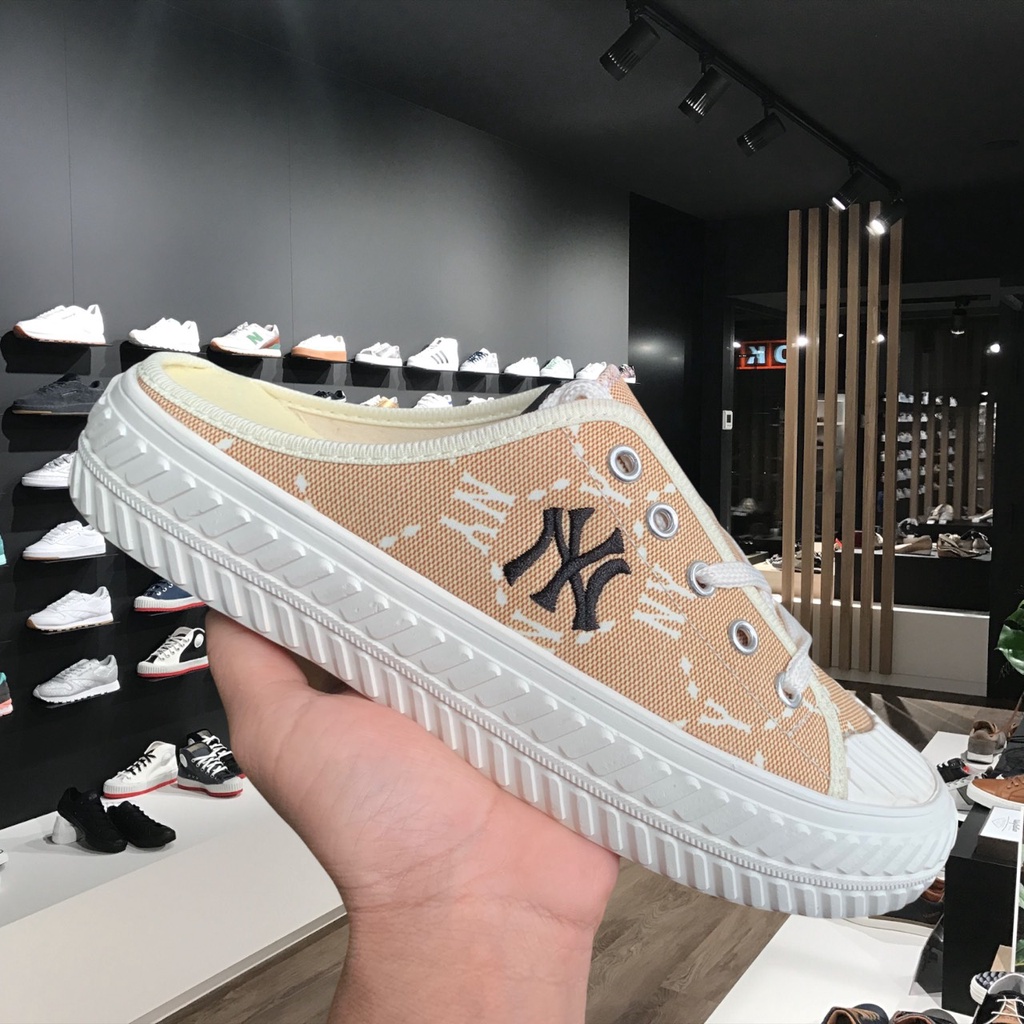 Giày Sneaker MLB sục đạp gót NY thêu màu cam đen nữ cao cấp full box + bill