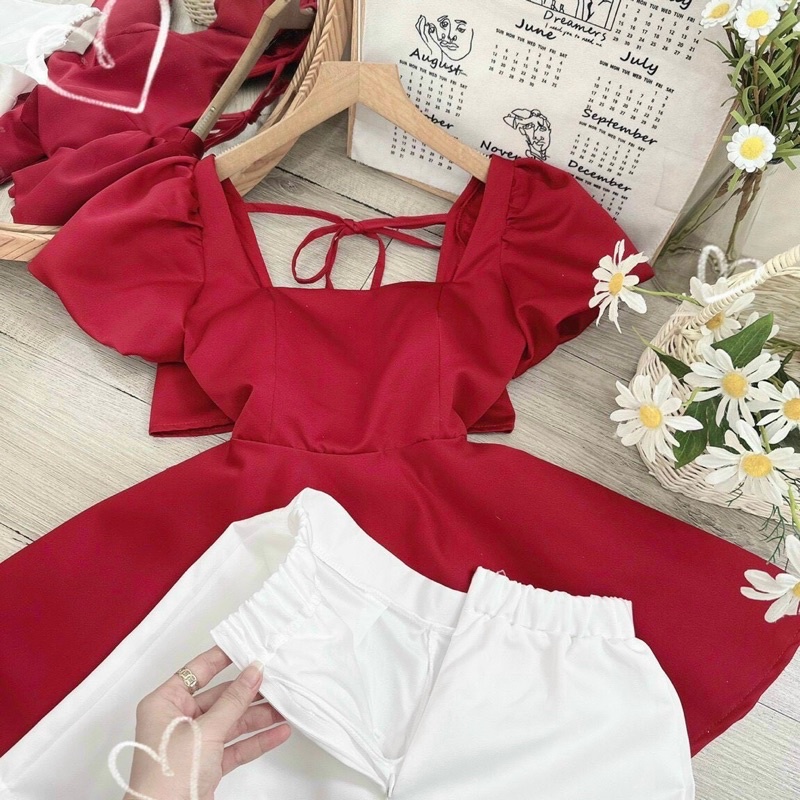 Set áo peplum nơ lưng + short trắng