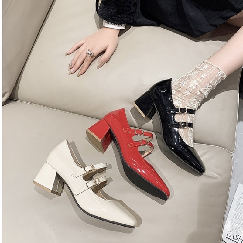 Giày búp bê nữ Mary Jane da bóng gót vuông cao 5cm có 2 quai khoá cài