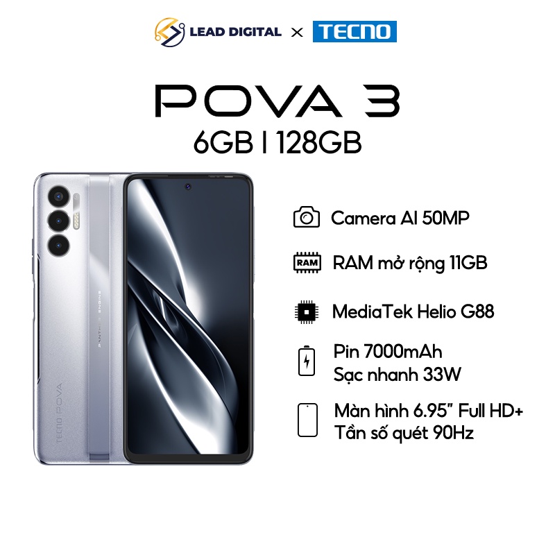 Điện thoại Gaming Tecno POVA 3 (6+5GB)/128GB-Helio G88|7000 mAh|Sạc nhanh 33W-Chính hãng | BigBuy360 - bigbuy360.vn