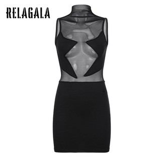 RelaGala Thời trang nữ Váy không tay nửa cổ cao lưới chắc chắn gợi cảm