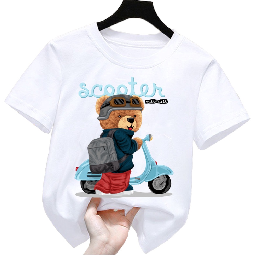 Áo thun trẻ em be trai bé gái hình gấu đeo kính dắt xe cho bé từ 6kg đen 30kg.G2.