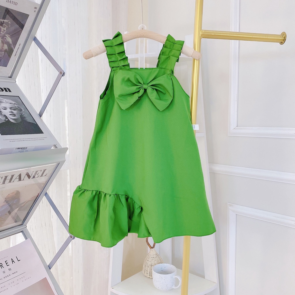 váy bé gái, váy 2 dây đính nơ ngực cho bé gái 8-18kg