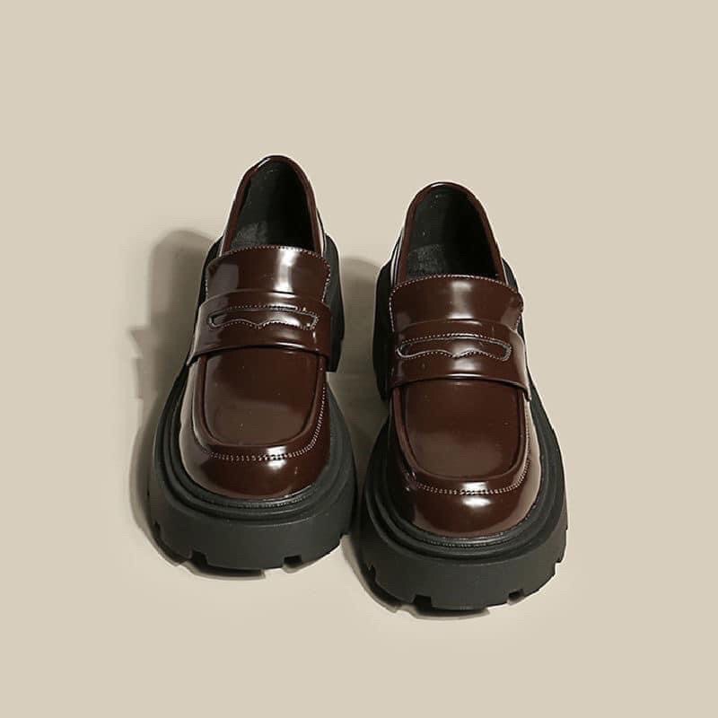 Giày lười đế cao  6cm da bóng  mũi tròn vintage  Oxford hàng loại 1