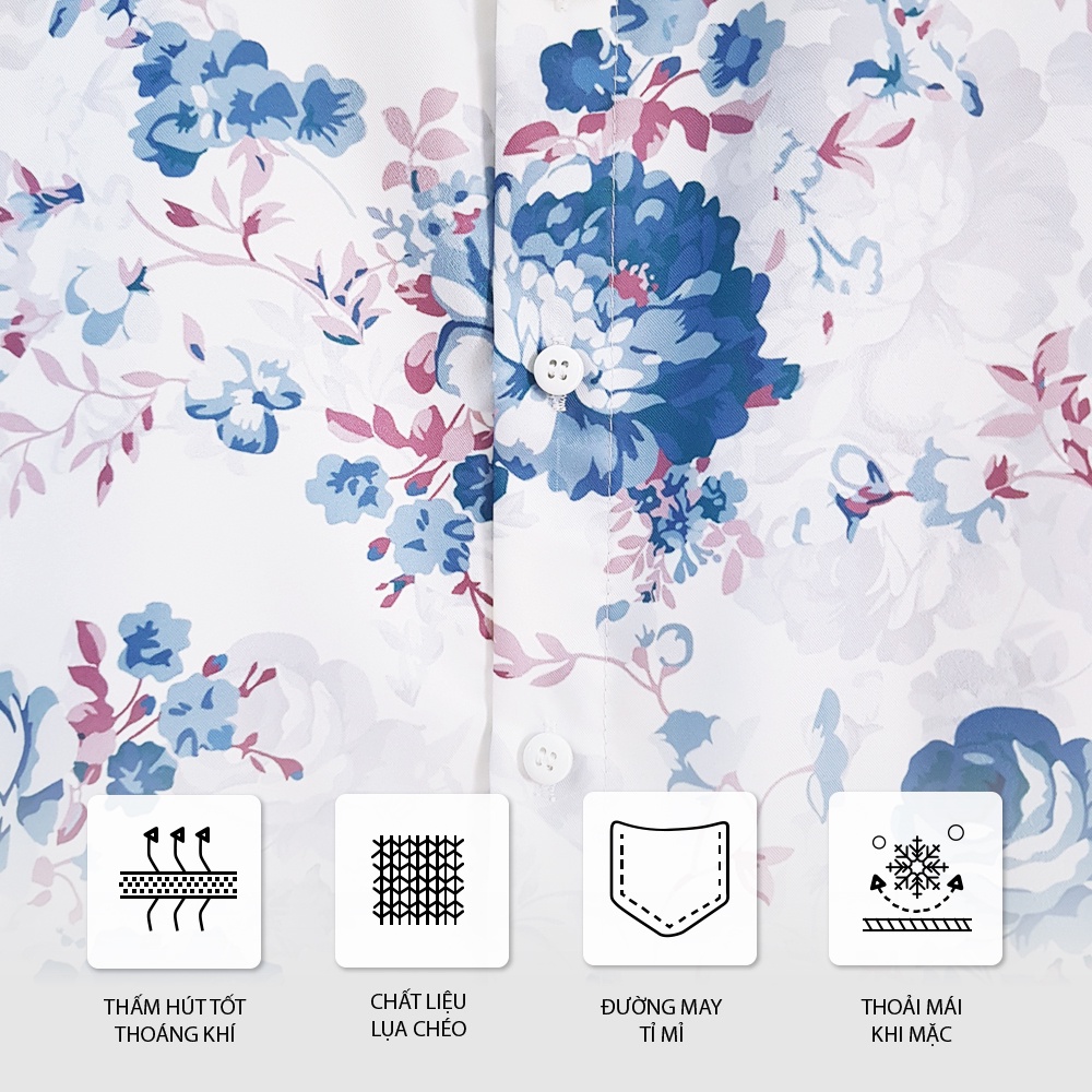 Áo sơ mi nam RYKANY Hoa hồng nền trắng, tay ngắn, vải lụa chéo, mềm mịn thoáng mát, họa tiết khớp hình khi mặc