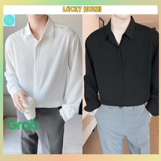 Áo sơ mi nam form rộng tay dài OVERSIZE Hàn Quốc màu trắng đen kiểu cổ bẻ Nẹp Giấu Nút sang chảnh chất ngất ngây SMD02
