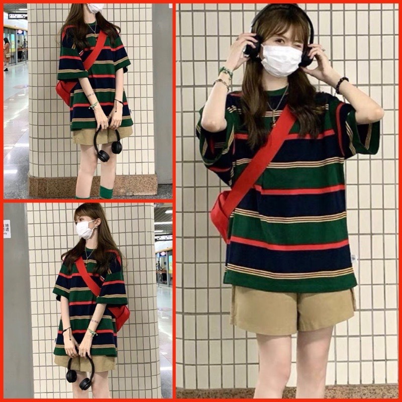 Bộ Thun Kẻ Đen Quần Short Nữ [FREESHIP]  Set áo phông tay lỡ kèm quần đùi kaki form oversize Ulzzang