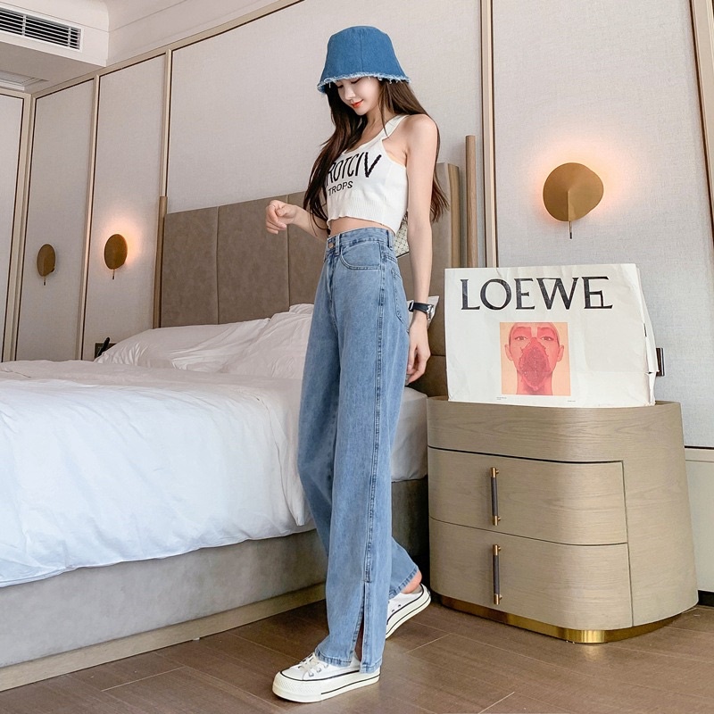 Quần  Dài  Jeans  Nữ Cạp Cao Ống Rộng Xuông  Xẻ Sườn Thời Trang  Hàn Quốc  006