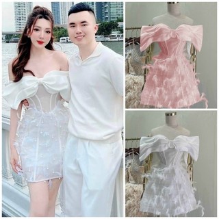 Đầm body bẹt vai kết tua rua lông vũ cao cấp tặng kèm hoa tai thời trang